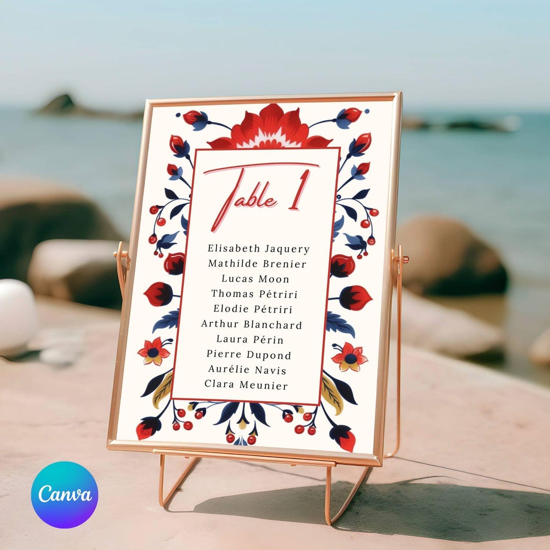 Colorful Folk Table Plan Template for Party, Customizable Black and Red ...