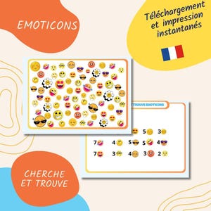 Jeux pour enfants cherche et trouve émoticons à imprimer instantanément, imprimable de fête cherche et trouve, carte de jeux pdf