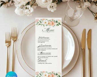 floral menu template for birthdays, baby showers, weddings and parties, printable menu card, customizable on Canva