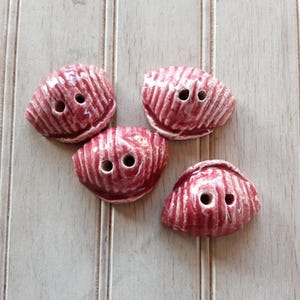 May include: Four seashell-shaped buttons in a deep red hue with white accents. Each button has two holes for sewing. The buttons are arranged on a light-colored wooden surface.