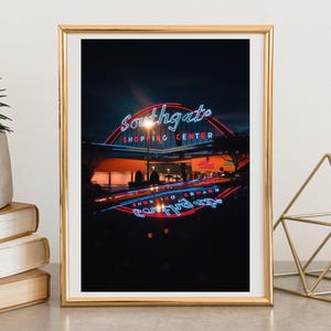 Southgate Noir – Lakeland Florida Night Photography Print – Neon Sign Wall Art – Midcentury Landmark Decor image 1