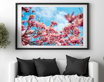 Pink Magnolias – Floral Photography Print for Spring Decor – Vibrant Pink Flower Wall Art