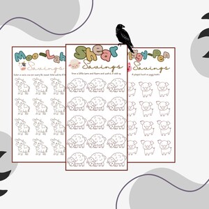 May include: Three printable savings trackers with animal illustrations: cows, sheep, and pigs. Each tracker has a title: "Moo-Lah Savings", "Shear Savings", and "Piggy-Pen Savings". A black bird sits atop the trackers.