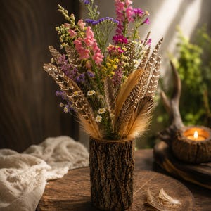 Peut inclure: Un vase cylindrique fabriqué à partir d'une bûche à l'écorce rugueuse et texturée, contenant un arrangement floral de mufliers roses, de statices violets, d'achillées jaunes et de petites marguerites blanches, agrémenté de plumes tachetées.