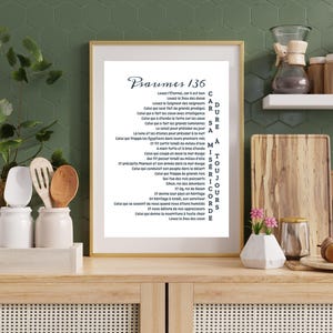 Bible verse in French - Psalms 136 white and black - Bible quote poster