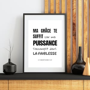 Bible Verse in French - Bible Quote - 2 Corinthians 12 Posters in 4 Different Colors