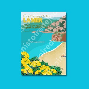 Póster "Playa" - Ilustración de playa mediterránea - Impresión alta calidad 350g - Ilustración hecha a mano