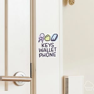 May include: A sticker on a white door features illustrations of keys, a wallet, and a phone, with the words "KEYS WALLET PHONE" in black text. The sticker is affixed to the door near a silver door handle.