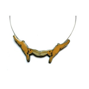 Wonderfully Whimsical Pair of Mustard Yellow Hares Necklace by EllyMental