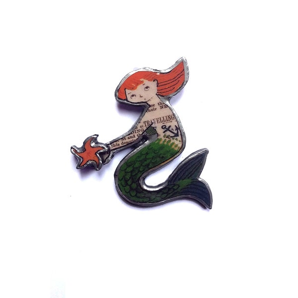 Marvellous Retro Nautical Flame Haired Ginger Mermaid and Starfish Brooch by EllyMental