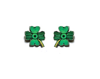 Lucky Green Four Leaf Clover Irish St Patricks Ear Studs by EllyMental