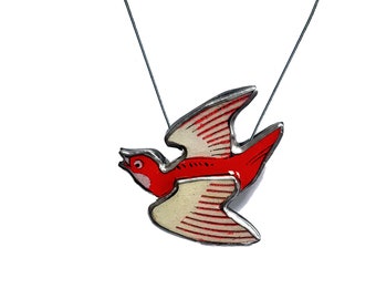 Whimsical Red Retro Bird Dove Statement Necklace by EllyMental