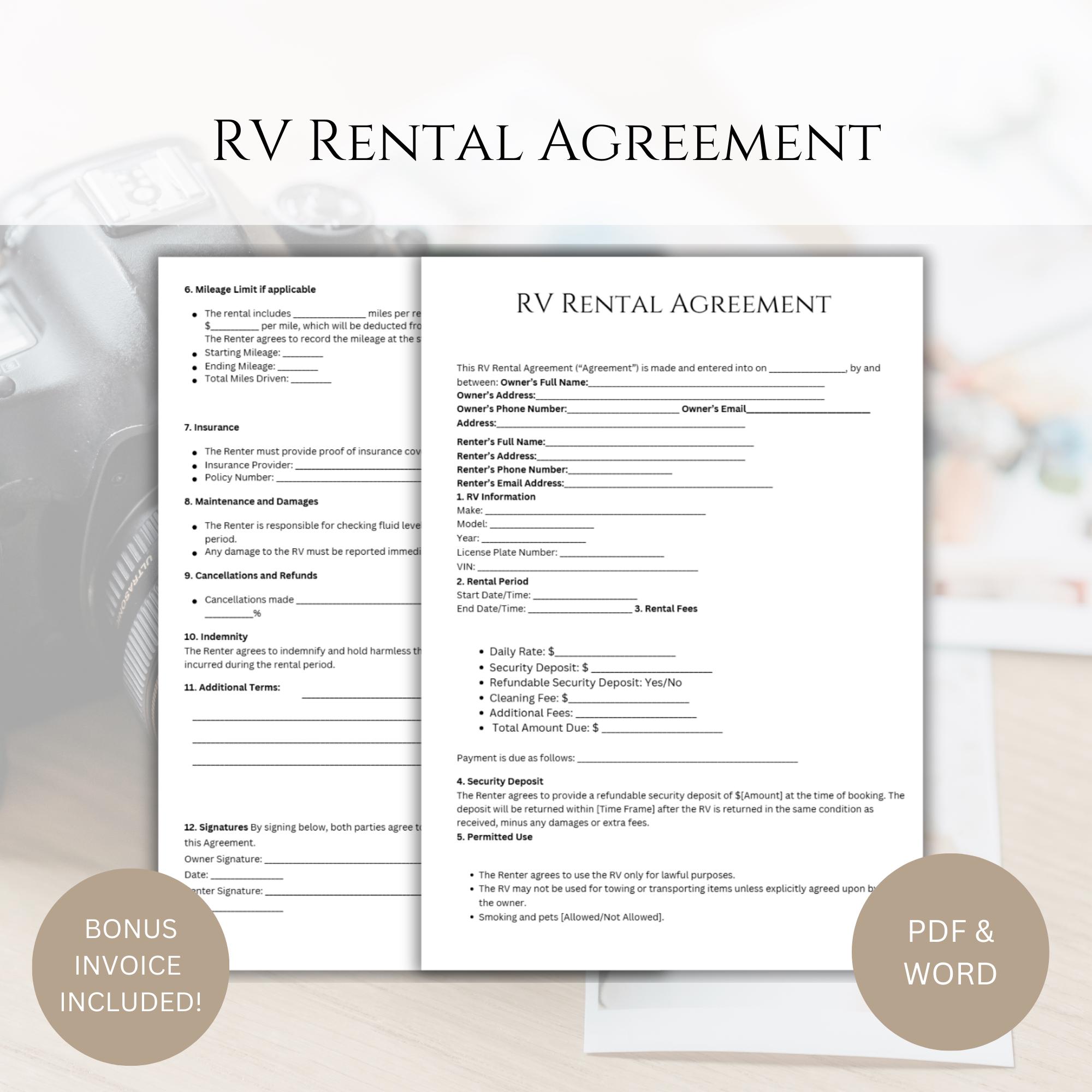 RV Rental Agreement Contract, RV Rental Contract Template, Rental Agreement, RV Rental Contract, Simple Agreement, Word Template