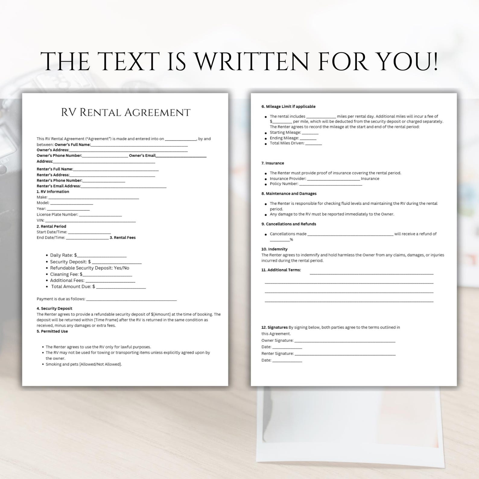 RV Rental Agreement Contract, RV Rental Contract Template, Rental ...