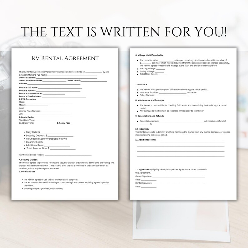 RV Rental Agreement Contract, RV Rental Contract Template, Rental ...