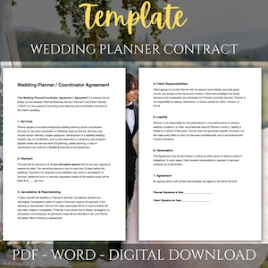 May include: A digital wedding planner contract template with the word "Template" in gold script at the top. The contract includes sections on services, payment, and client responsibilities. The bottom of the image reads "PDF - WORD - DIGITAL DOWNLOAD."