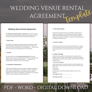 Puede incluir: Plantilla digital para un contrato de alquiler de local para bodas. El documento incluye secciones sobre condiciones de alquiler, pago, cancelaciones, responsabilidades del cliente, alcohol y catering, responsabilidad, seguridad y detalles del acuerdo.