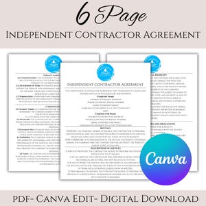 Puede incluir: Una plantilla de contrato de contratista independiente de 6 páginas en azul y blanco. La plantilla incluye secciones para la compensación, los términos de pago y la propiedad intelectual. El documento está diseñado para su uso con Canva.