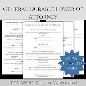 Può includere: Un documento di procura generale durevole, con sezioni per le firme del mandante, dell'agente e dei testimoni. Include una guida passo passo bonus. Download digitale PDF e Word.
