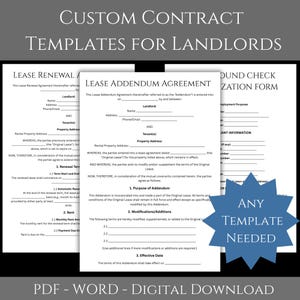 Può includere: Modelli di contratti personalizzati per proprietari. L'immagine mostra diversi modelli di documenti, tra cui un accordo di rinnovo del contratto di locazione e un accordo di addendum al contratto di locazione. I documenti sono in bianco e nero e includono campi compilabili.