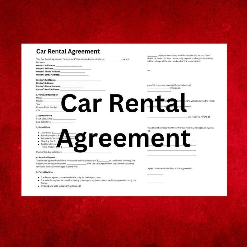 Car Rental Agreement Template Editable & Printable Car Rental Contract ...