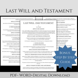 May include: A Last Will and Testament document with a bonus step-by-step guide. The document includes sections for declarations, family information, and appointment of an executor. The text is in black font.