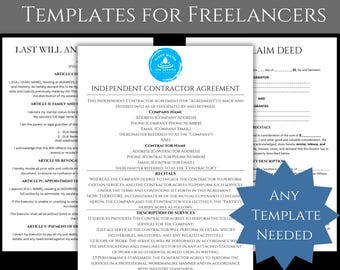 Può includere: Download digitale di modelli di contratto personalizzati per freelance. Include un contratto di lavoro autonomo, un testamento e un atto di rivendicazione. I modelli sono disponibili in formato PDF e Word.