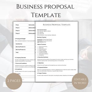 May include: A business proposal template with a table of contents, sections for pricing and budget, company overview, terms and conditions, and acceptance. The template is editable in Microsoft Word.