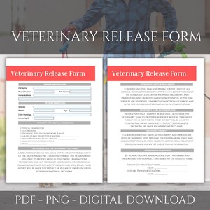 Könnte beinhalten: Eine digitale Vorlage für einen tierärztlichen Freigabeformular in den Formaten PDF und PNG. Das Formular enthält Abschnitte für Informationen zum Besitzer und Haustier, die Zustimmung zu medizinischen Verfahren und die Genehmigung für die tierärztliche Behandlung. Digitaler Download.