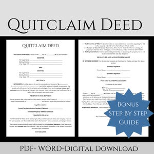 Pode incluir: Um documento PDF digital intitulado "QUITCLAIM DEED" com um guia passo a passo. O documento inclui seções para o Grantor, o Grantee, os considerandos, a descrição da propriedade e uma cláusula de transferência. O design é em preto e branco.