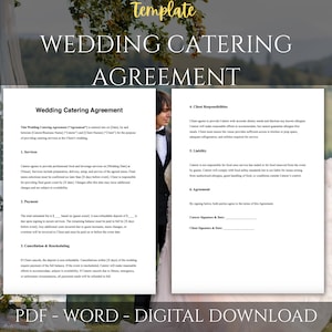 Könnte beinhalten: Eine Vorlage für einen Hochzeitscatering-Vertrag mit dem Titel "WEDDING CATERING AGREEMENT". Das Dokument ist ein PDF- und Word-Digital-Download. Der Vertrag umfasst Abschnitte zu Dienstleistungen, Zahlung, Stornierung und Kundenverantwortlichkeiten.