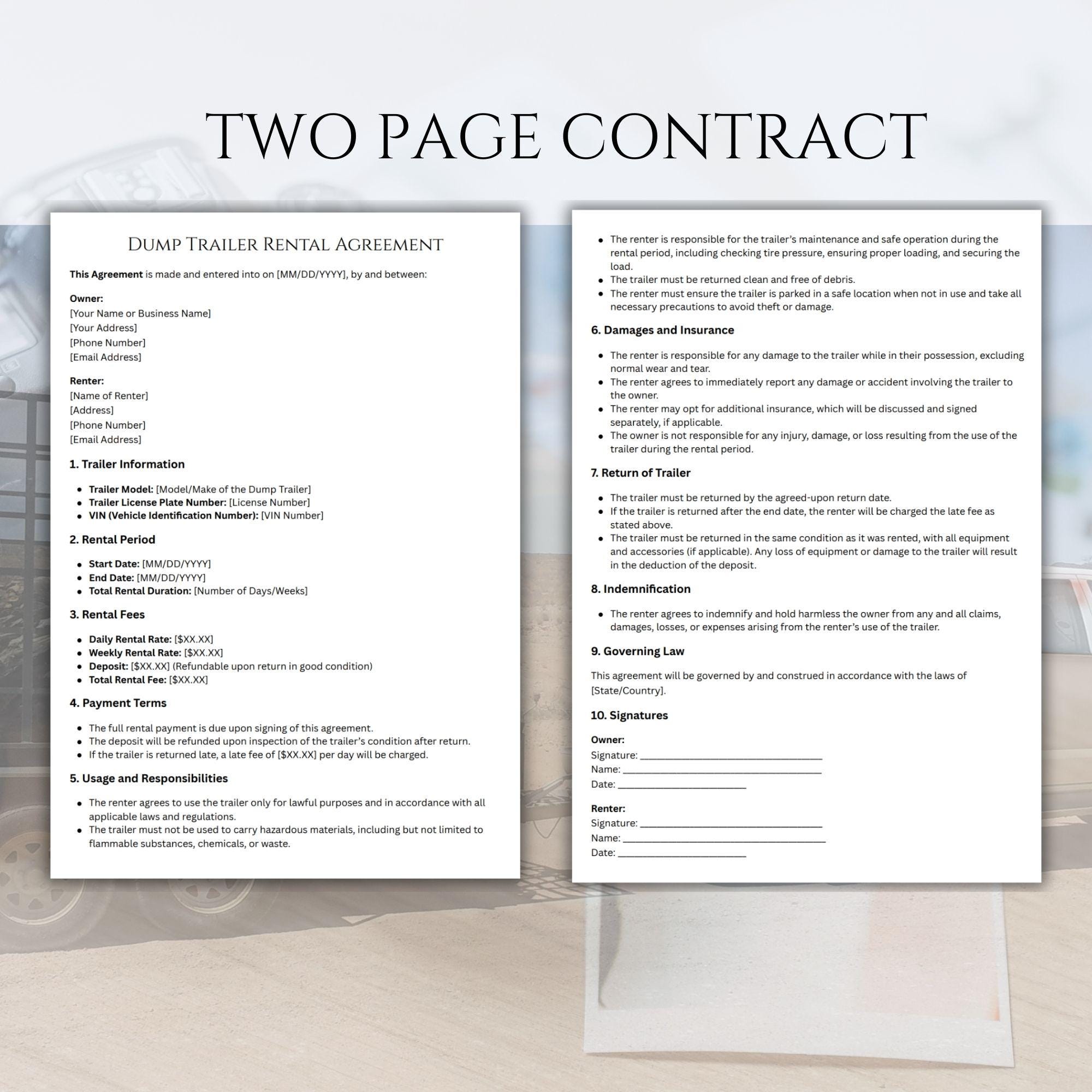 Dump Trailer Rental Agreement, Trailer Rental Contract, Trailer Rental