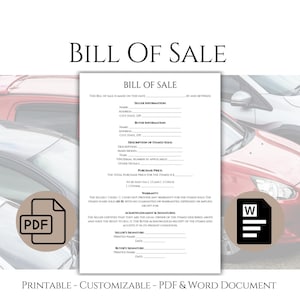 May include: A printable bill of sale form in PDF and Word format. The form includes sections for seller and buyer information, a description of the items sold, purchase price, warranty, and acknowledgments and signatures.