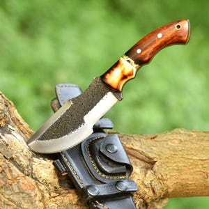 Custom Handmade Hunting Knife | 5.5” Forged Blade | Rosewood & Camel Bone Handle | Leather Sheath Included | Outdoor Bushcraft Knife ,