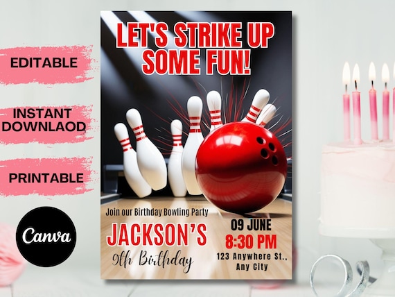 Editable Bowling Invitation, Let's Strike Up Some Fun, Birthday Bowling, Printable or Digital Invitation