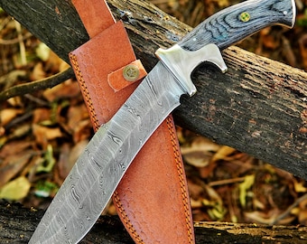 Faca de caça artesanal em aço damasco, faca Bowie em aço damasco, presente de Natal, presente de aniversário de casamento, presente para padrinhos, presente de aniversário, presente para ele.