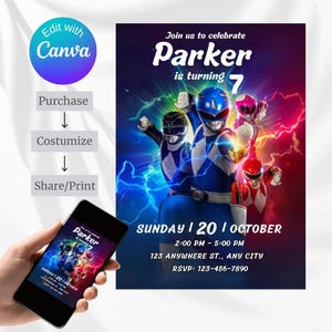 Modèle modifiable d'invitations à une fête d'anniversaire pour garçon Power Rangers Téléchargement numérique instantané