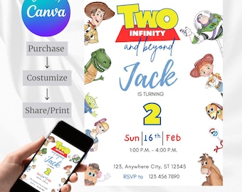 May include: A colorful birthday invitation featuring characters from the Toy Story movie franchise. The invitation is for a boy named Jack who is turning two. The text on the invitation reads "Two Infinity and Beyond Jack is turning 2 Sun 16th Feb 1:00 P.M. - 4:00 P.M. 123, Anywhere City, ST 12345 RSVP to 123 456 7890".