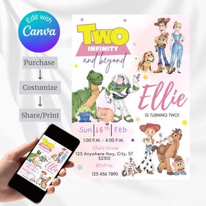 May include: A pink and white birthday invitation featuring characters from the Toy Story movie franchise. The invitation says "Two Infinity and Beyond" and "Ellie is turning two!" with a date and time for the party.