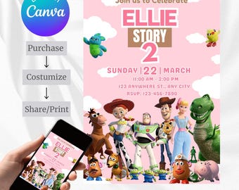 Könnte beinhalten: Eine rosa Geburtstagseinladung mit dem Text "ELLIE STORY 2" und Veranstaltungsdetails. Die Einladung zeigt Illustrationen von Zeichentrickfiguren und wird auf einem Smartphone angezeigt. Anpassbar mit Canva.