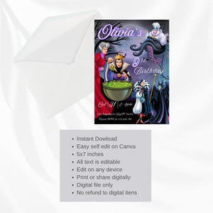 K&ouml;nnte beinhalten: Eine digital gestaltete Einladungskarte mit Disney-B&ouml;sewichten f&uuml;r eine Feier zum 9. Geburtstag. Die Karte enth&auml;lt den Text "Olivia's 9th Birthday" und Veranstaltungsdetails. Die Einladung ist 12,7 x 17,8 cm gro&szlig;.
