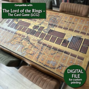 Op de afbeelding: Een grote, rechthoekige speelmat met een kaartontwerp in bruine en beige tinten. De mat is gelabeld "The Lord of the Rings - The Card Game (LCG)" en bevat de tekst "DIGITAL FILE for custom printing."
