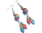 Lampwork with Skull and Leaves Bright Lampwork Earrings Skully Southwestern Style Dia de los Muertos E92