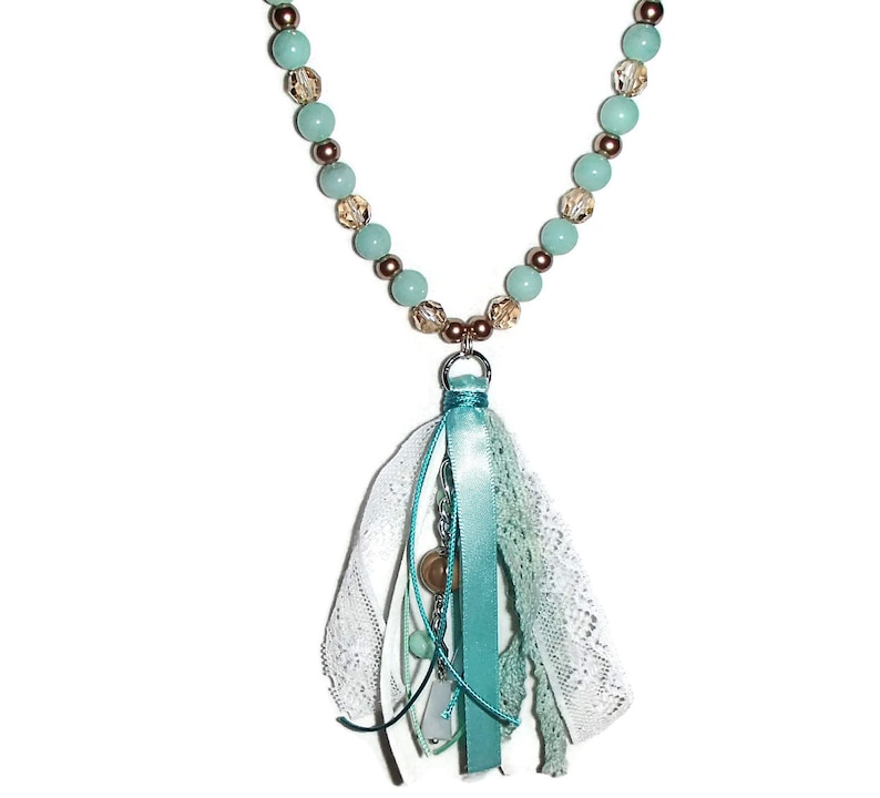 Tassel Necklace Bohemian Necklace Tassel Romantic Amazonite Lace Ribbon Tassel  Glass Feminine Jewelry S52