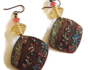 Embossed Copper Charm Earrings/ Floral Embossed Charms/ E2584