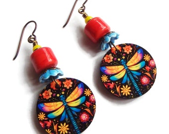 Dragonfly Earrings/ Image on Wood Dragonfly/ Colorful Dragonfly Earrings/ E2530