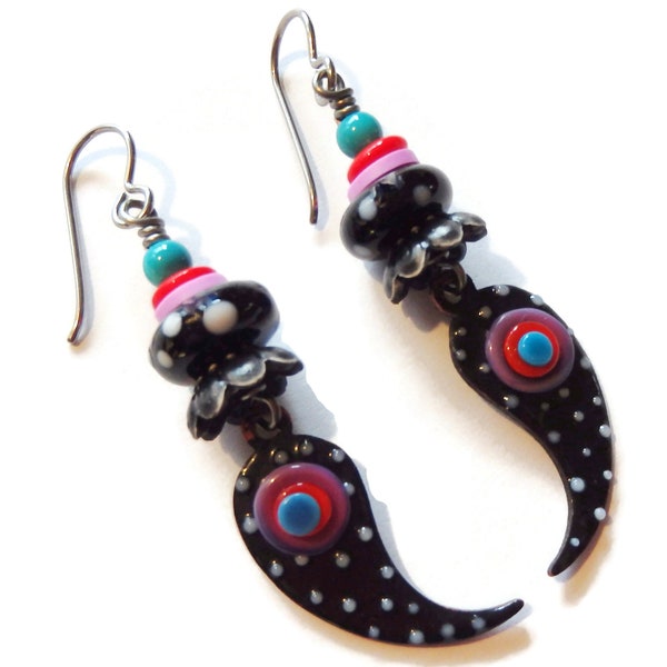 Enamel and Lampwork Earrings/ Black and White Earrings/ Polka Dot Charms and Beads/ Bea Stoertz Charms/ E2301