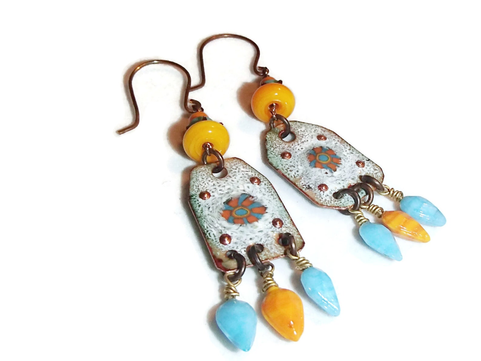 Enameled Copper Drop Earrings Boho Earrings Bright Earrings Etsy