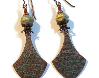 Embossed Copper Earrings/ Peace and Love Earrings/ E2425