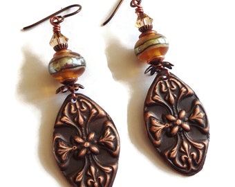 Embossed Copper Charm Earrings/ Boho/ E2587